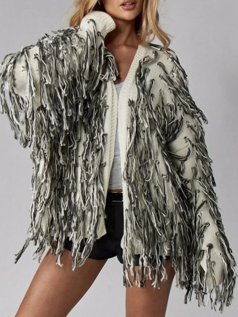 Multicolor Casual Women's Open Front Long Sleeve Fuzzy Cozy Fringe Knit Cardigan